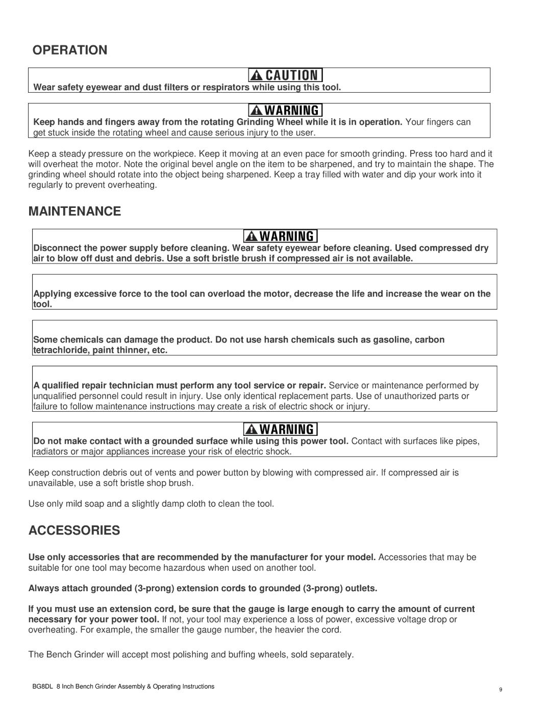 Buffalo Tools BG8DL operating instructions Operation, Maintenance, Accessories 