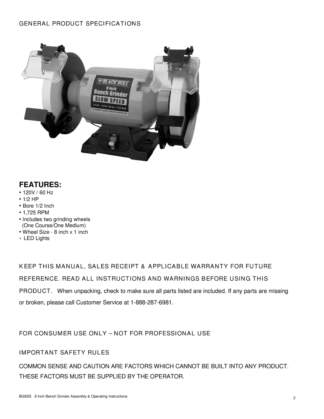 Buffalo Tools BG8SS operating instructions Features 