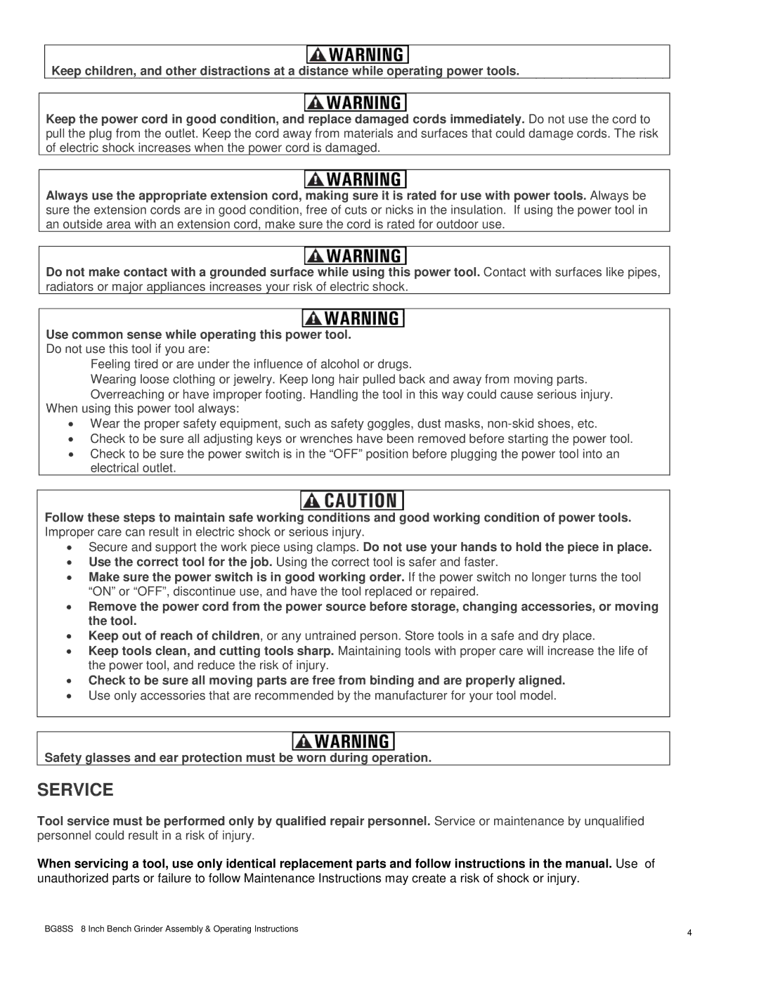 Buffalo Tools BG8SS operating instructions Service 