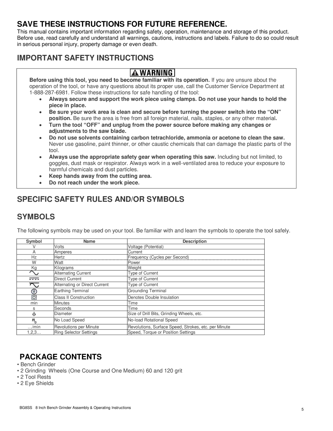 Buffalo Tools BG8SS Save These Instructions for Future Reference, Important Safety Instructions, Package Contents 