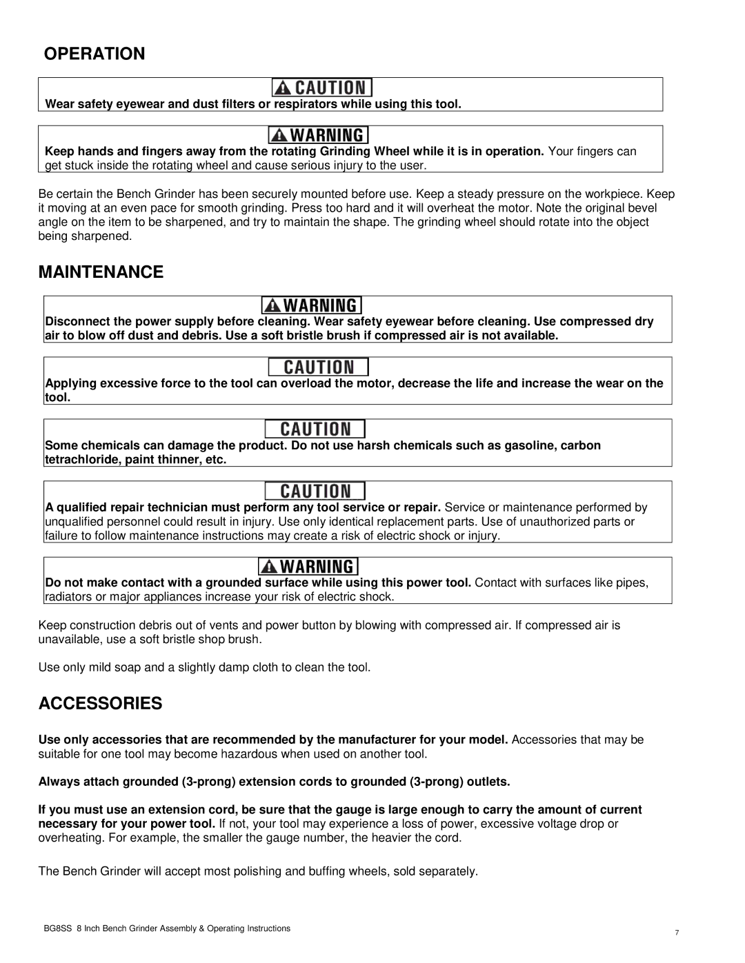 Buffalo Tools BG8SS operating instructions Operation, Maintenance, Accessories 