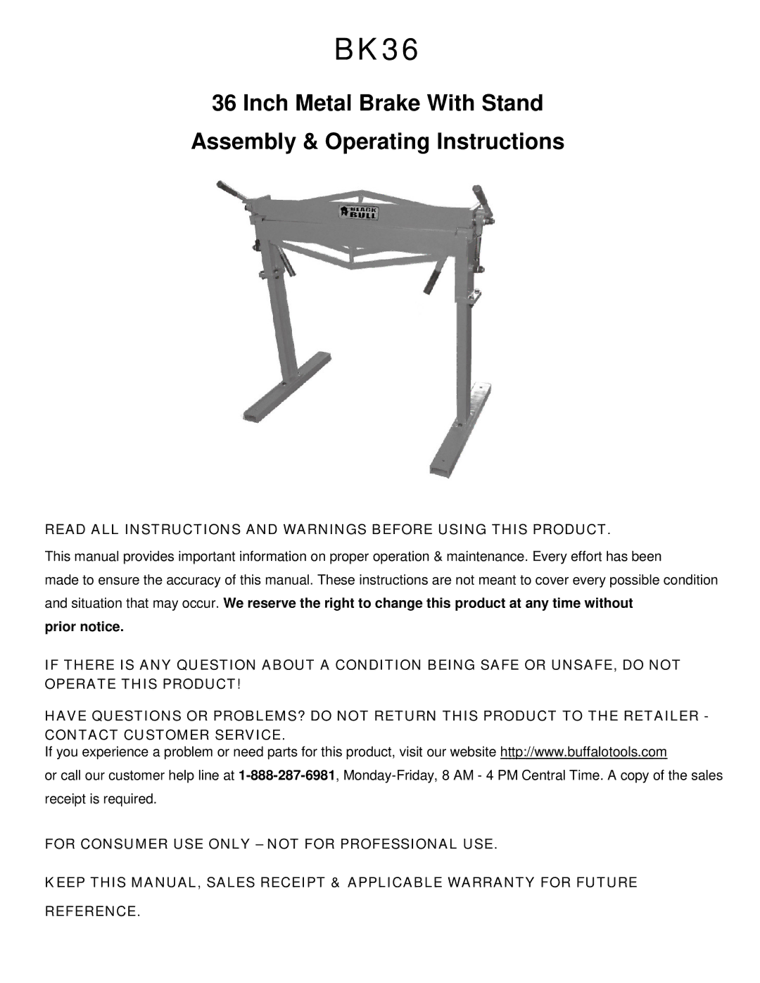 Buffalo Tools BK36 operating instructions 