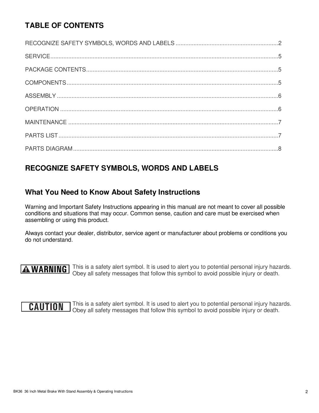 Buffalo Tools BK36 operating instructions Table of Contents, Recognize Safety SYMBOLS, Words and Labels 