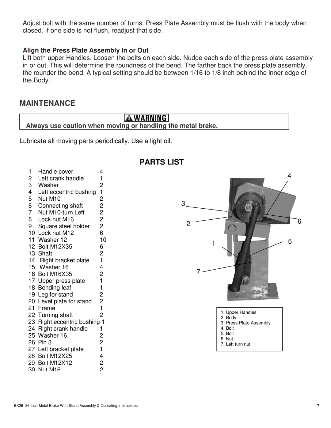 Buffalo Tools BK36 operating instructions Maintenance, Parts List 