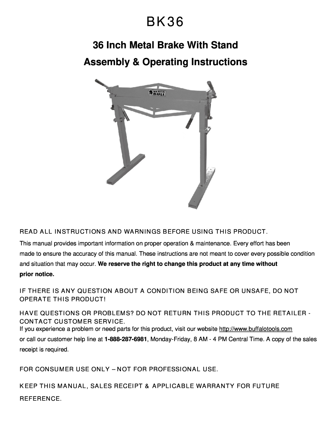 Buffalo Tools BK36 operating instructions Inch Metal Brake With Stand Assembly & Operating Instructions 