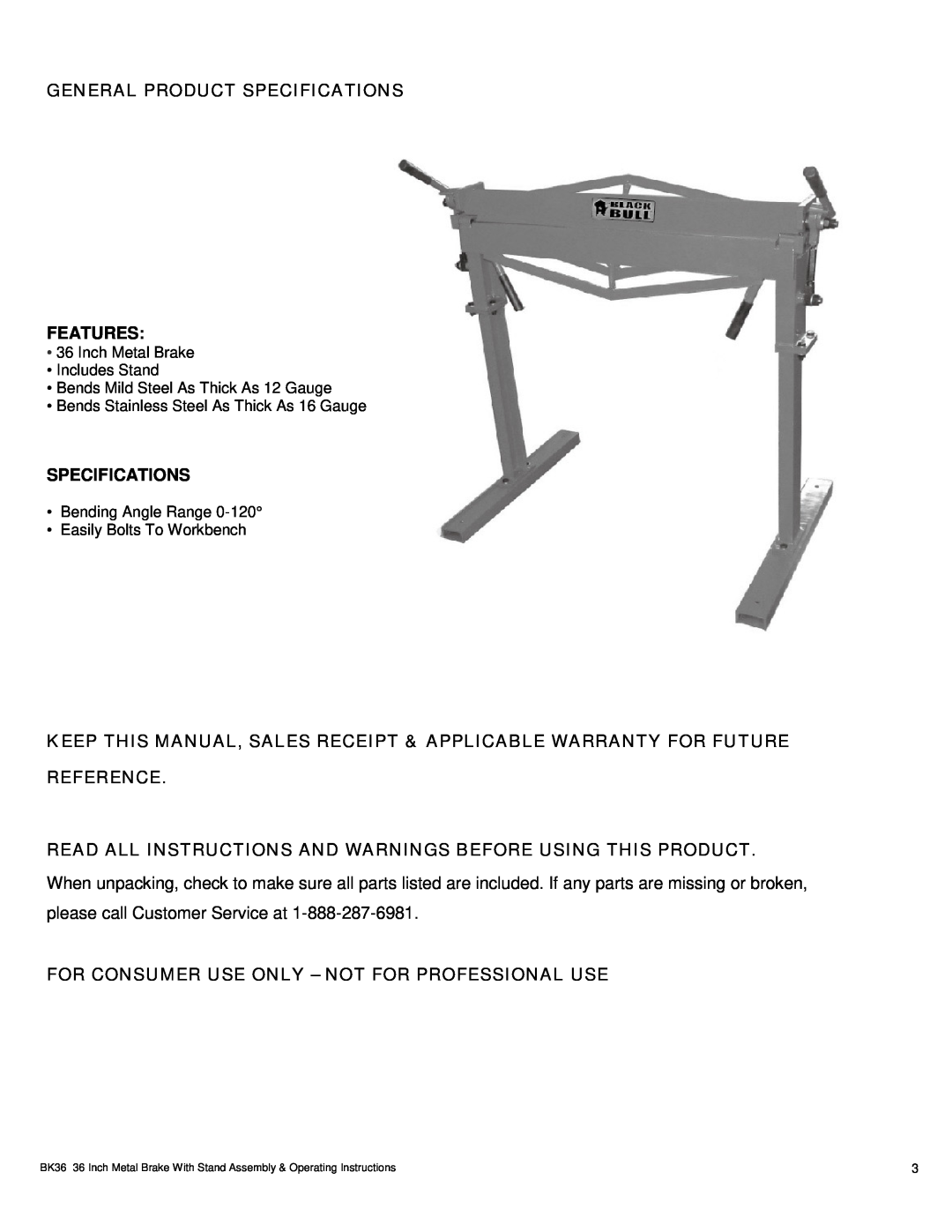 Buffalo Tools BK36 operating instructions Inch Metal Brake Includes Stand, Bends Mild Steel As Thick As 12 Gauge 