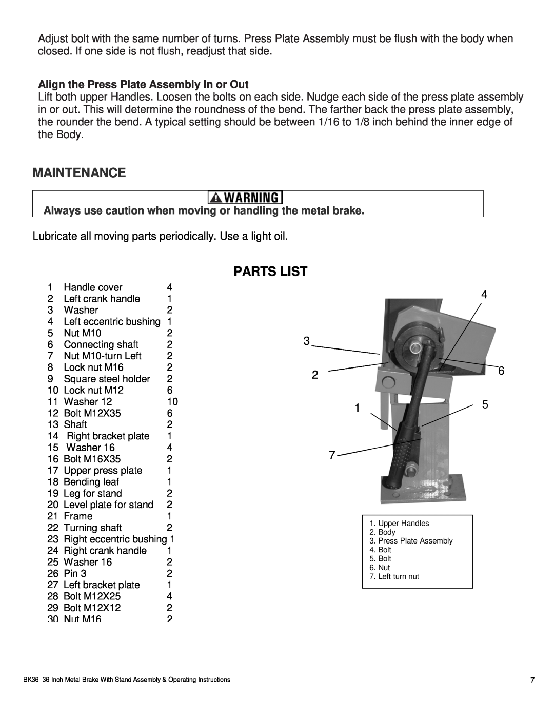 Buffalo Tools BK36 operating instructions Maintenance, Parts List, Align the Press Plate Assembly In or Out 