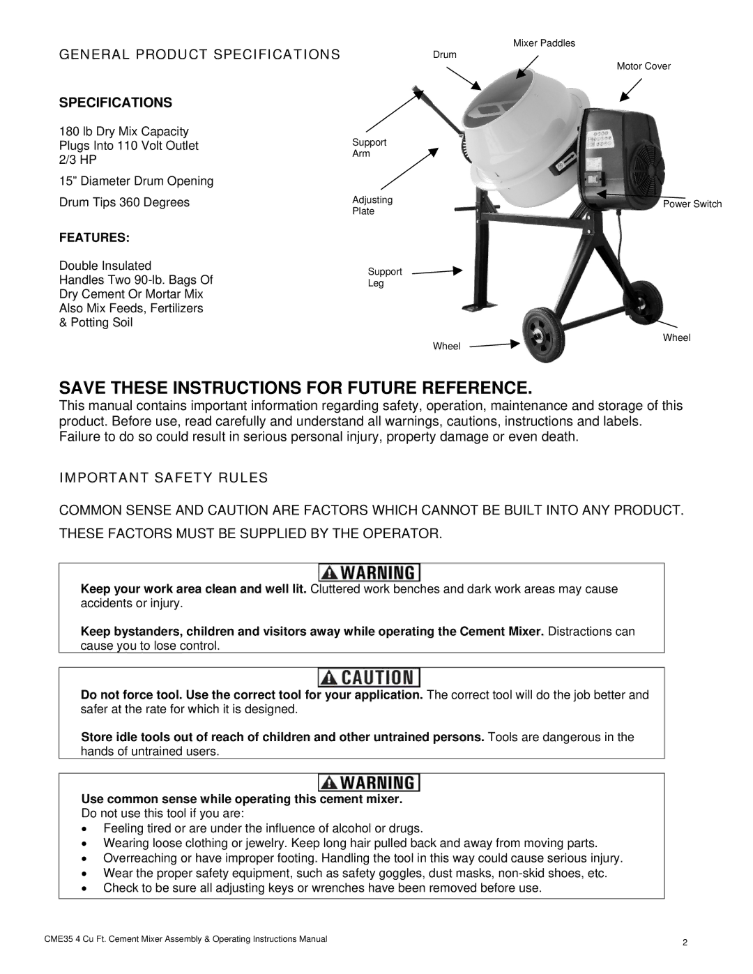 Buffalo Tools CME35 Save These Instructions for Future Reference, Specifications, Important Safety Rules 