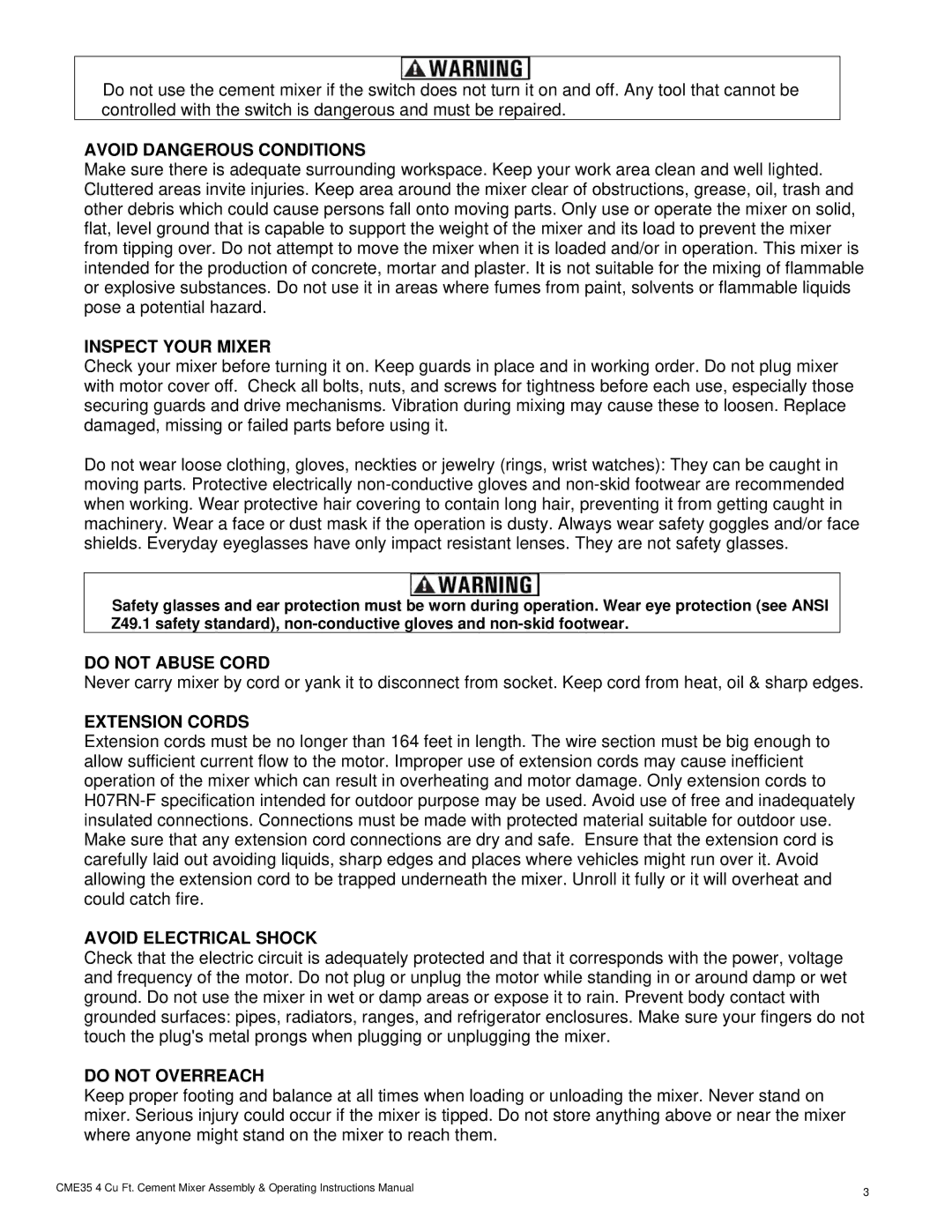 Buffalo Tools CME35 Avoid Dangerous Conditions, Inspect Your Mixer, Do not Abuse Cord, Extension Cords, Do not Overreach 