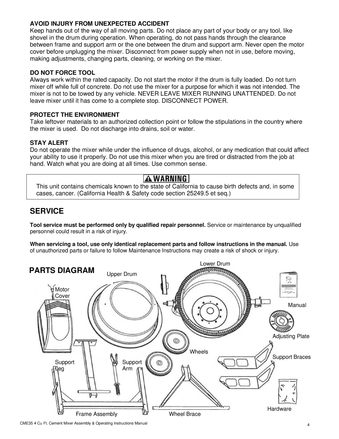 Buffalo Tools CME35 Service, Avoid Injury from Unexpected Accident, Do not Force Tool, Protect the Environment, Stay Alert 