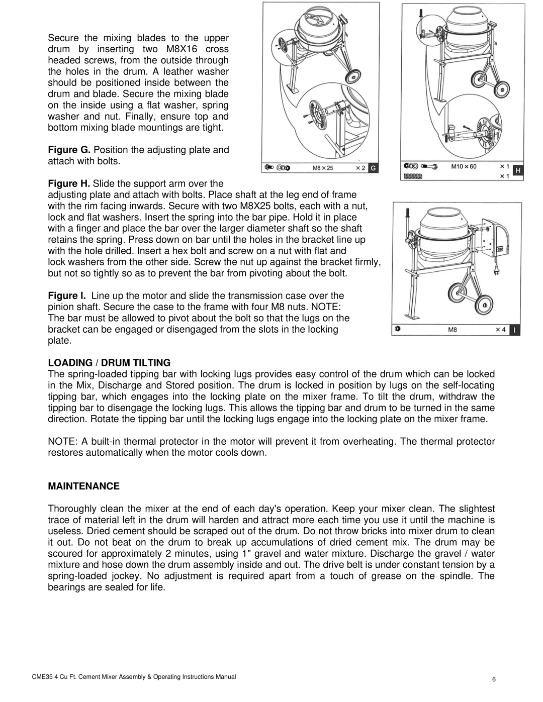 Buffalo Tools CME35 operating instructions Loading / Drum Tilting, Maintenance 