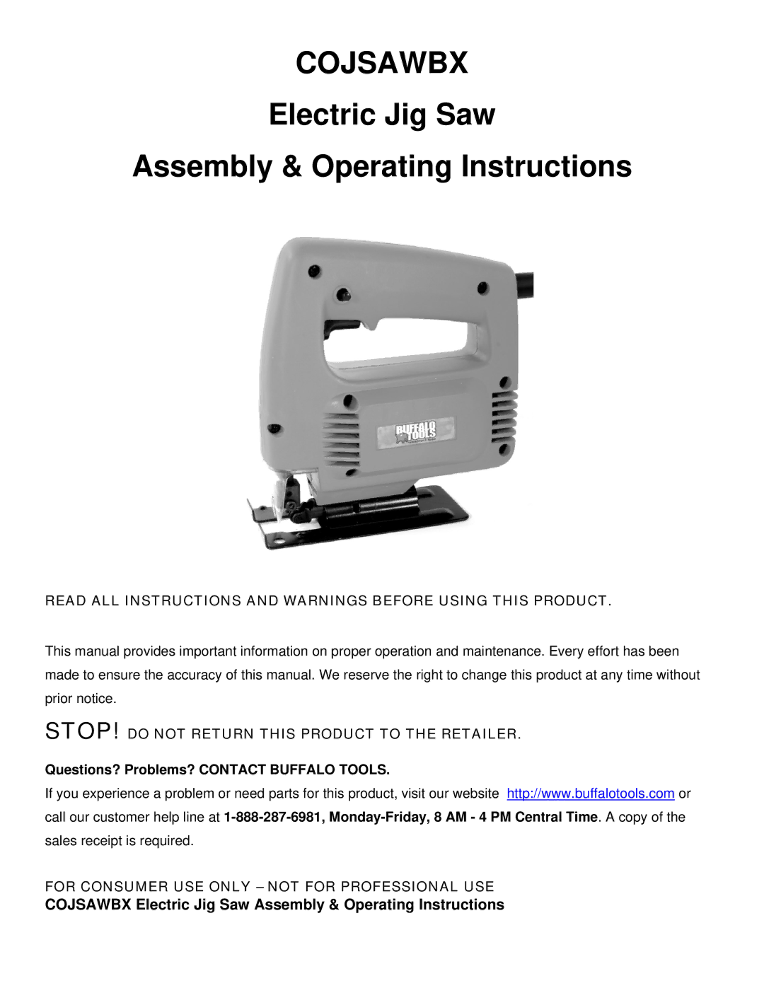 Buffalo Tools COJSAWBX operating instructions Cojsawbx Electric Jig Saw Assembly & Operating Instructions 