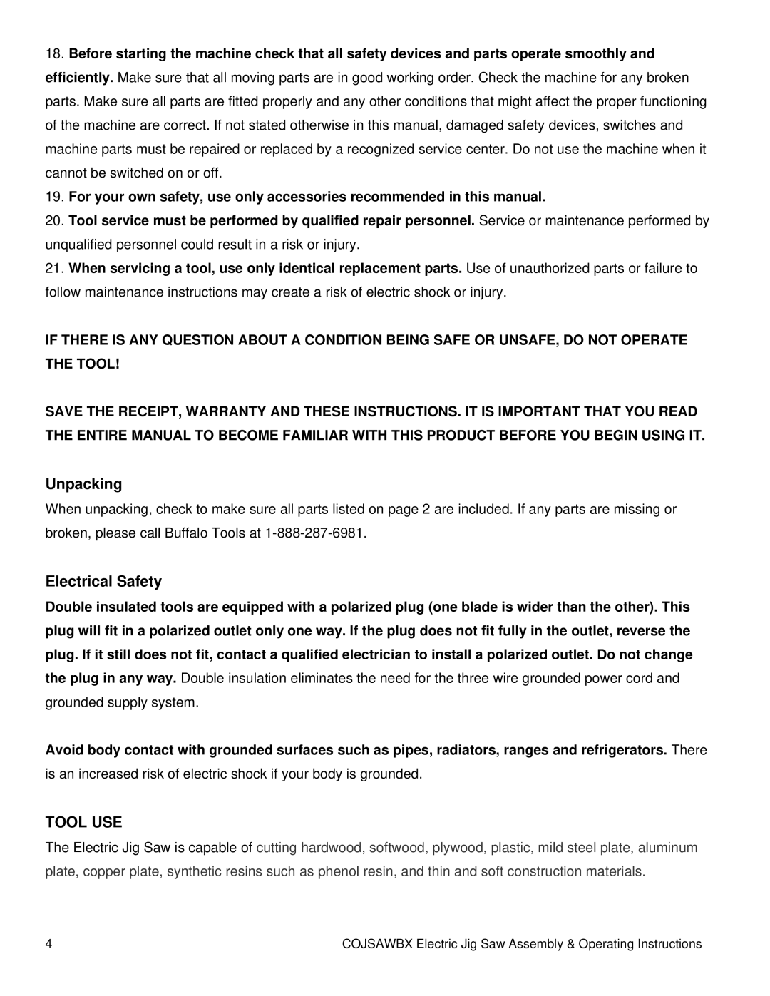 Buffalo Tools COJSAWBX operating instructions Unpacking, Electrical Safety, Tool USE 