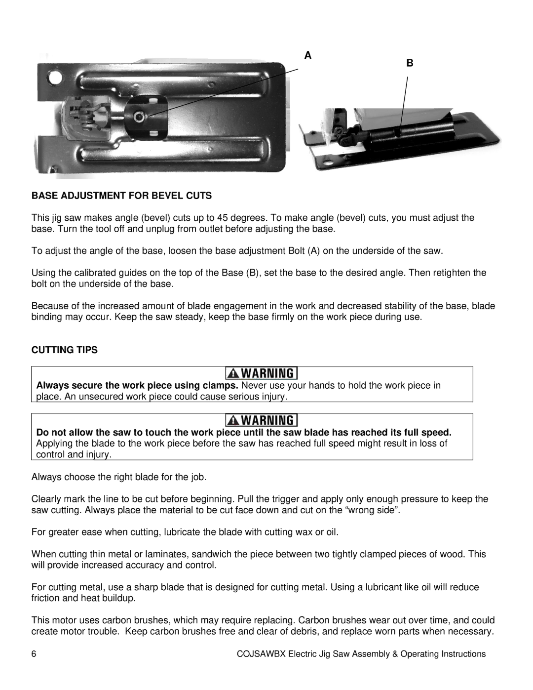 Buffalo Tools COJSAWBX operating instructions Base Adjustment for Bevel Cuts, Cutting Tips 