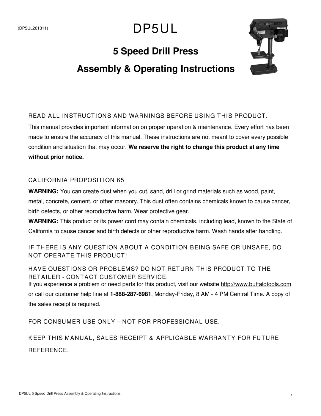 Buffalo Tools DP5UL operating instructions Read ALL Instructions and Warnings Before Using this Product 