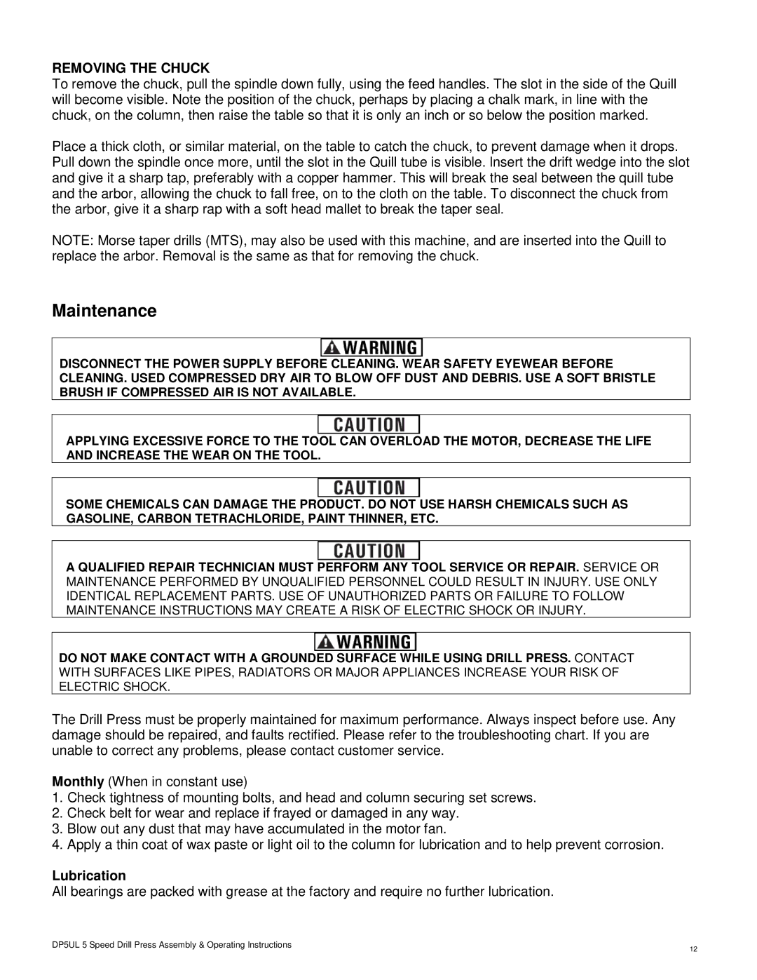 Buffalo Tools DP5UL operating instructions Removing the Chuck, Lubrication 