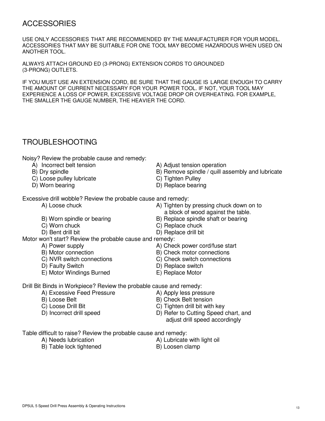 Buffalo Tools DP5UL operating instructions Accessories, Troubleshooting 