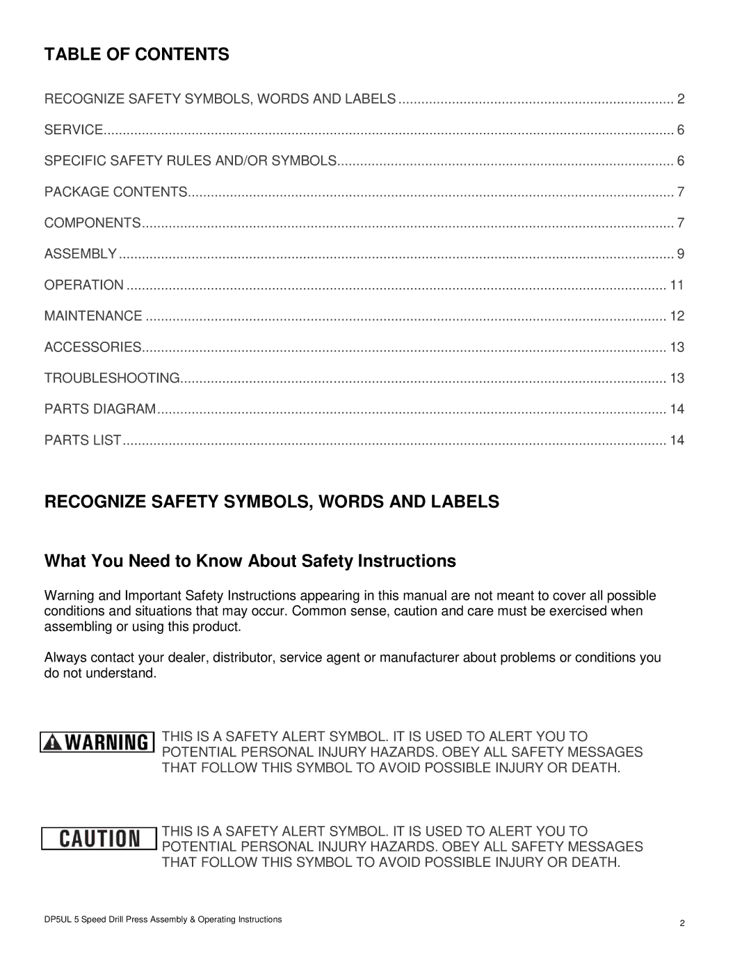 Buffalo Tools DP5UL operating instructions Table of Contents 