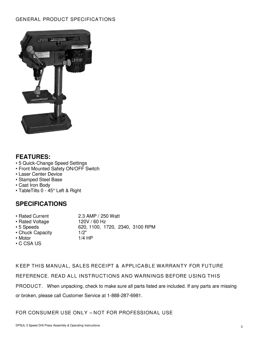 Buffalo Tools DP5UL operating instructions Features, General Product Specifications 