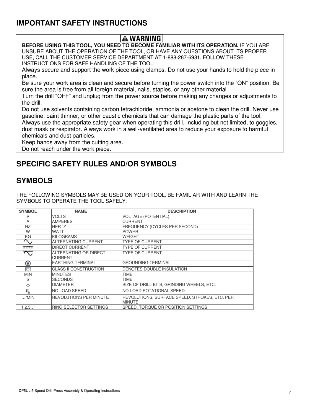 Buffalo Tools DP5UL operating instructions Important Safety Instructions, Specific Safety Rules AND/OR Symbols 