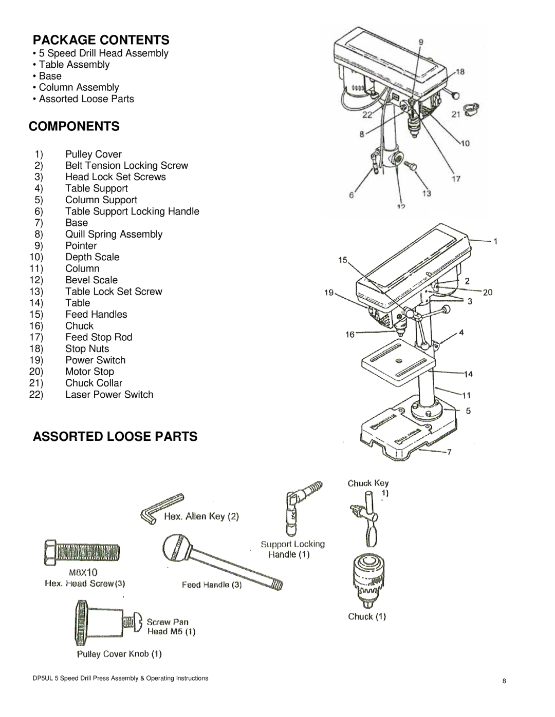 Buffalo Tools DP5UL operating instructions Package Contents, Components, Assorted Loose Parts 