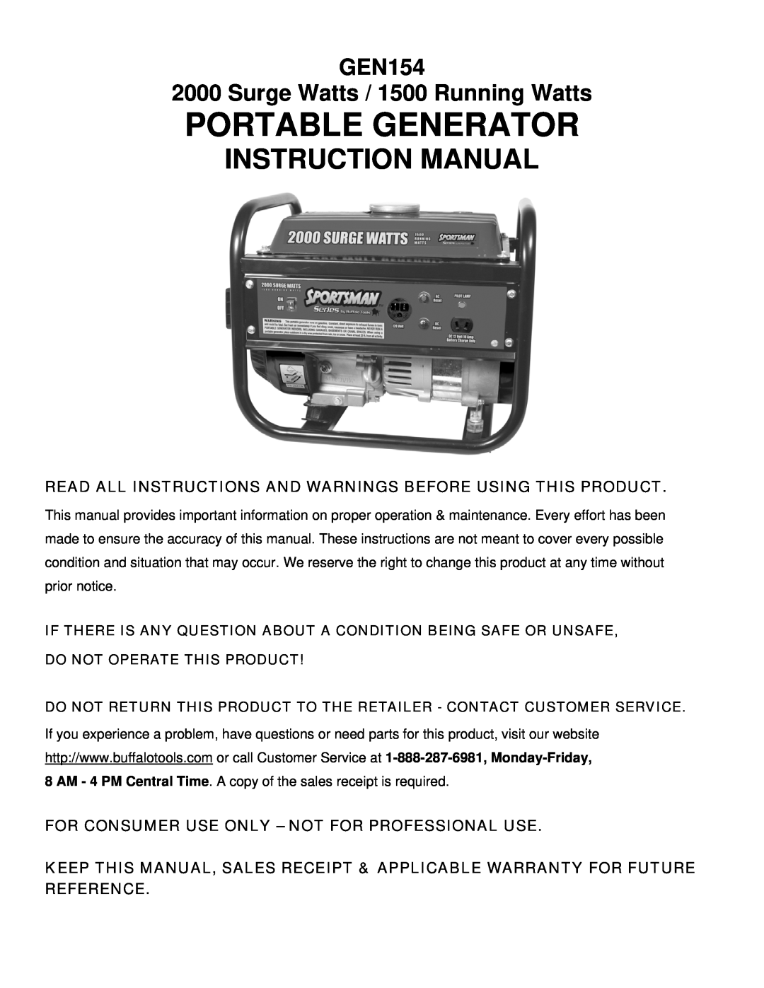 Buffalo Tools GEN154 instruction manual Read All Instructions And Warnings Before Using This Product, Portable Generator 