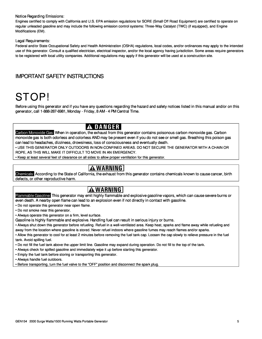 Buffalo Tools GEN154 instruction manual Stop, Important Safety Instructions, Notice Regarding Emissions, Legal Requirements 