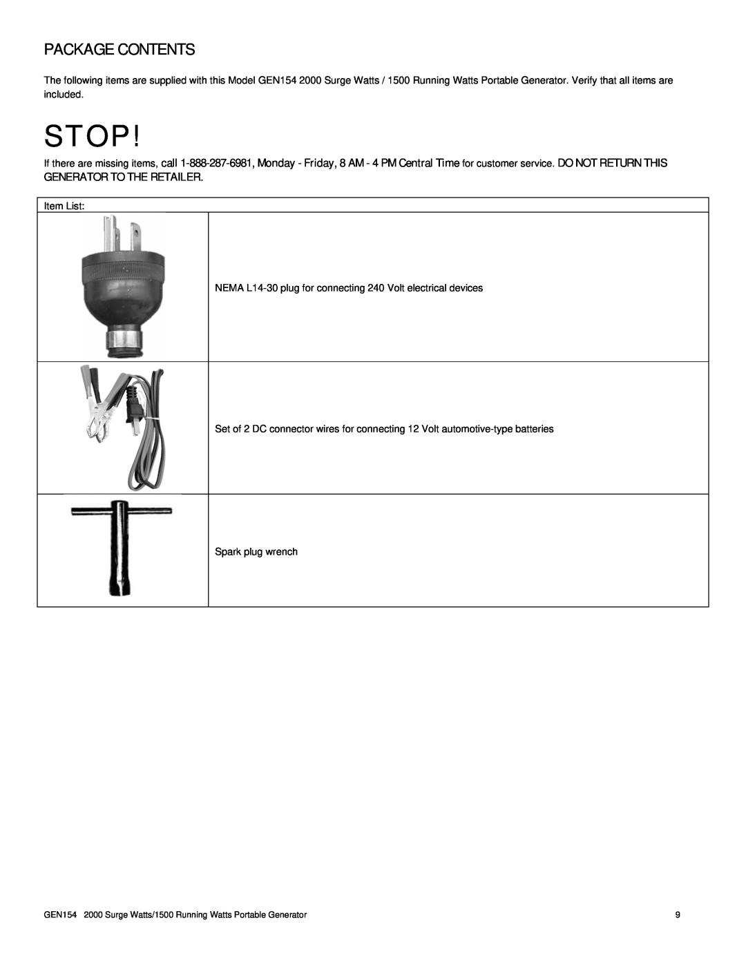 Buffalo Tools GEN154 instruction manual Package Contents, Stop, Generator To The Retailer 