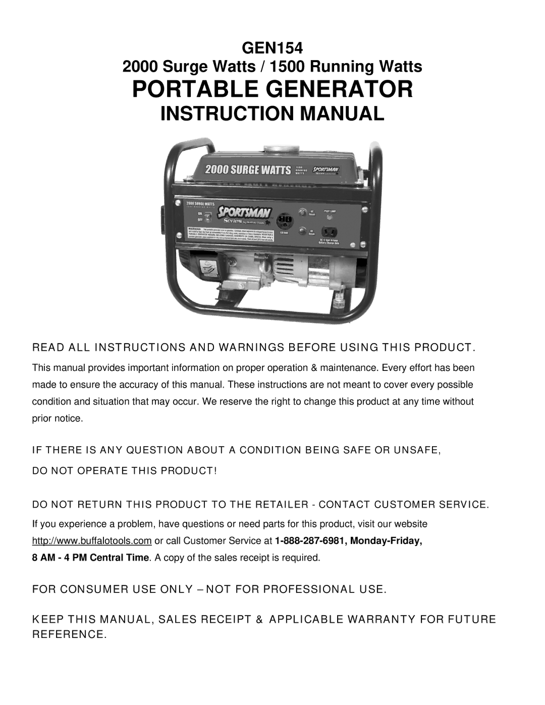 Buffalo Tools GEN154 instruction manual Portable Generator 