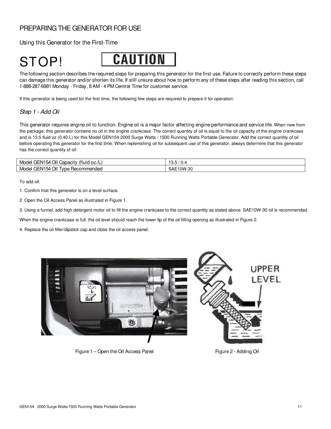 Buffalo Tools GEN154 instruction manual Preparing the Generator for USE, Using this Generator for the First-Time 