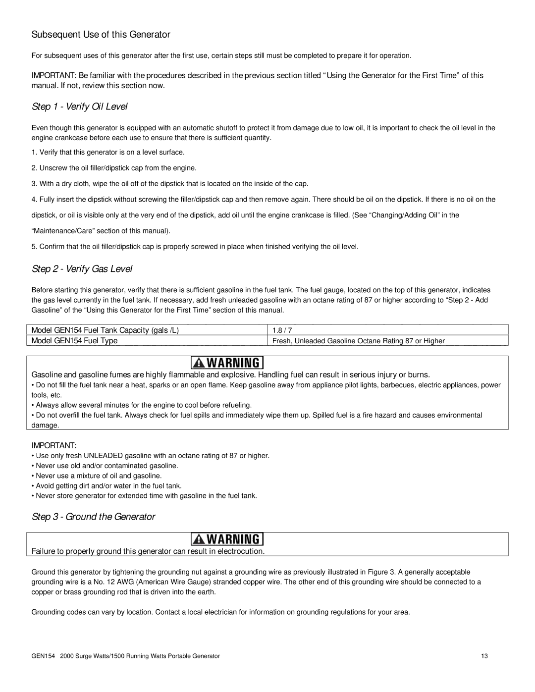 Buffalo Tools GEN154 instruction manual Subsequent Use of this Generator, Verify Oil Level 