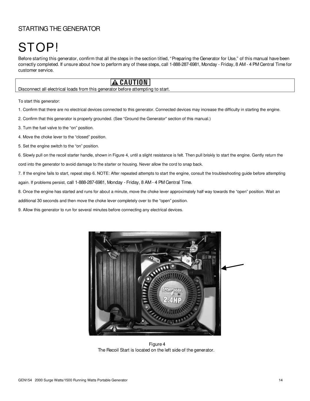 Buffalo Tools GEN154 instruction manual Starting the Generator 