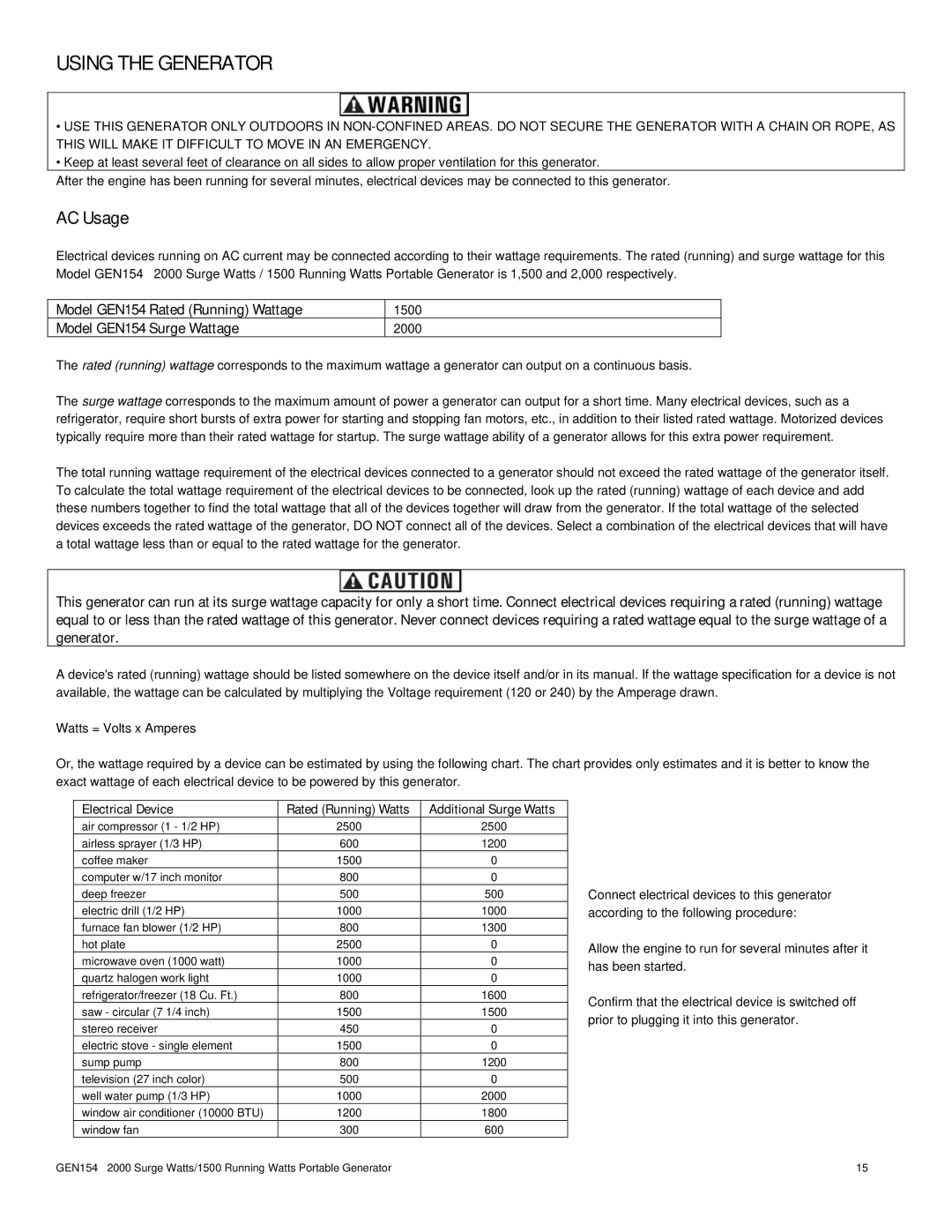 Buffalo Tools GEN154 instruction manual Using the Generator, AC Usage 