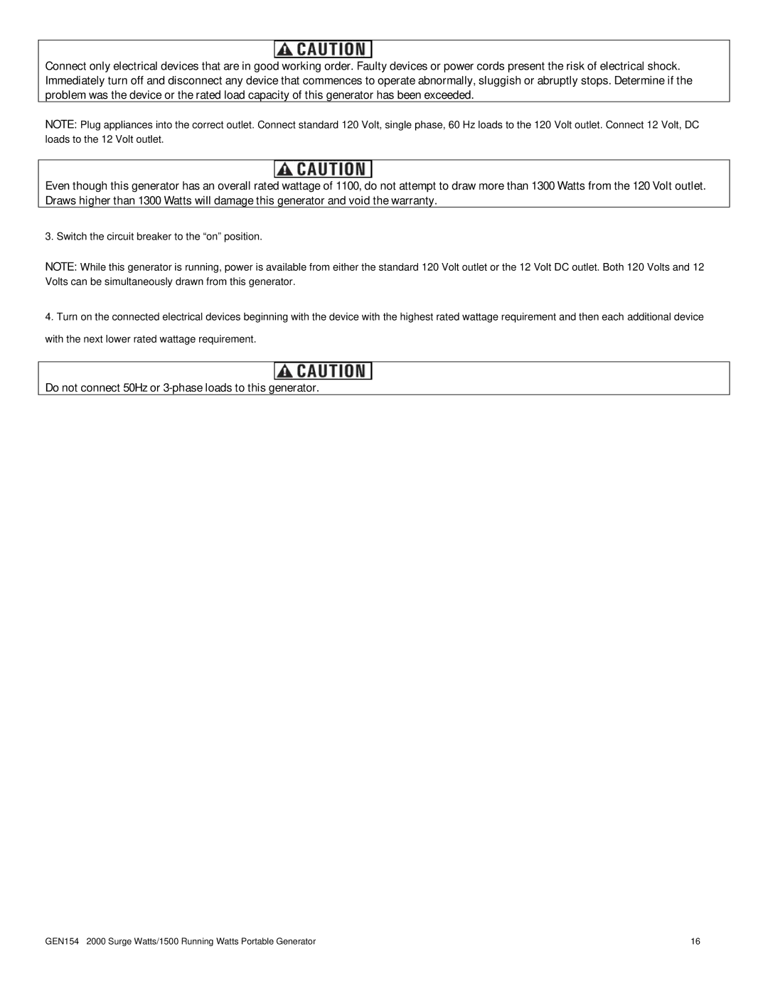 Buffalo Tools GEN154 instruction manual Do not connect 50Hz or 3-phase loads to this generator 