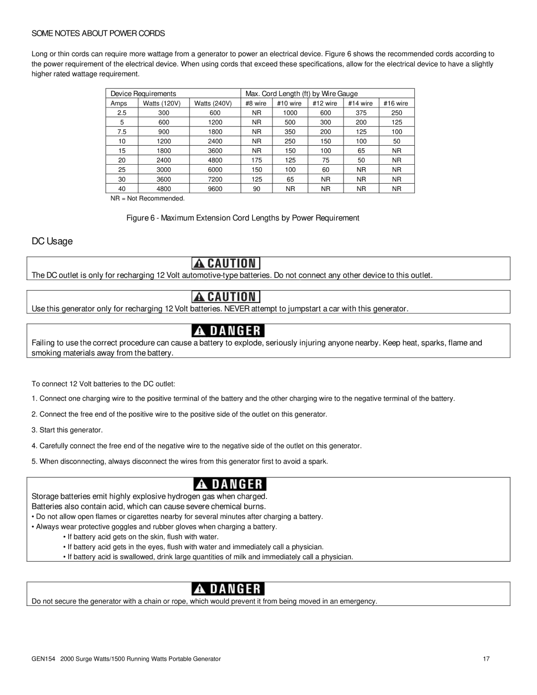 Buffalo Tools GEN154 instruction manual DC Usage, Some Notes about Power Cords 