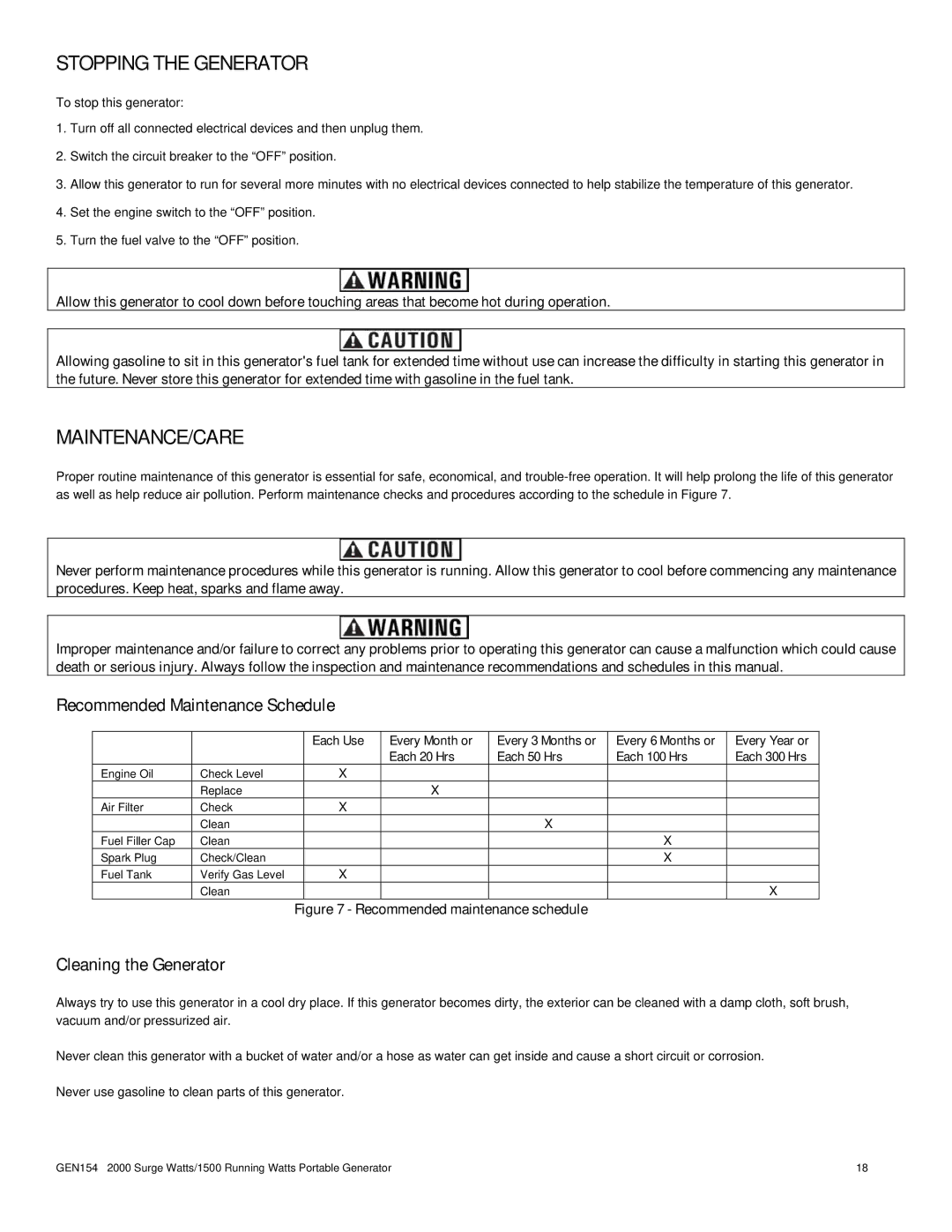 Buffalo Tools GEN154 Stopping the Generator, Maintenance/Care, Recommended Maintenance Schedule, Cleaning the Generator 