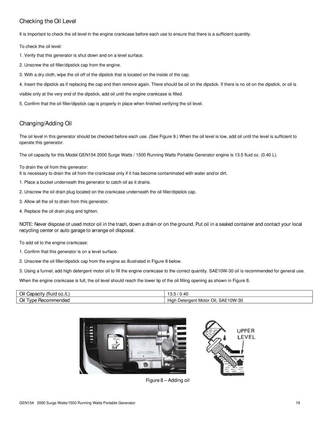 Buffalo Tools GEN154 instruction manual Checking the Oil Level, Changing/Adding Oil 