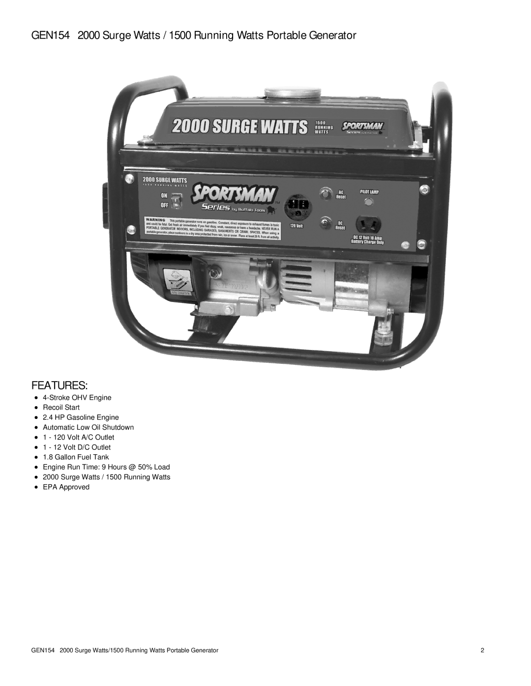 Buffalo Tools GEN154 instruction manual Features 