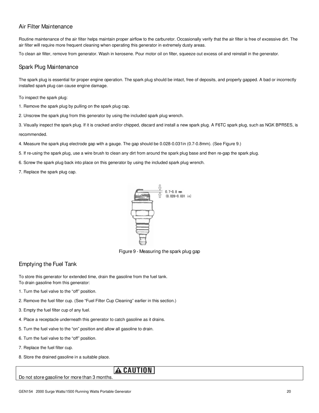 Buffalo Tools GEN154 instruction manual Air Filter Maintenance, Spark Plug Maintenance, Emptying the Fuel Tank 