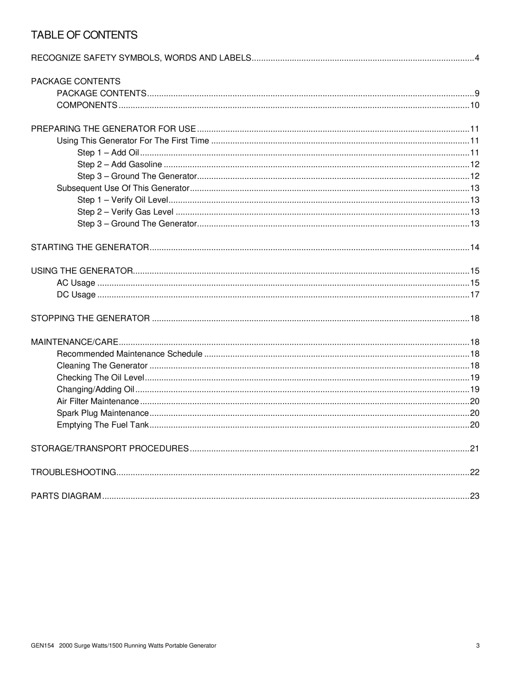 Buffalo Tools GEN154 instruction manual Table of Contents 