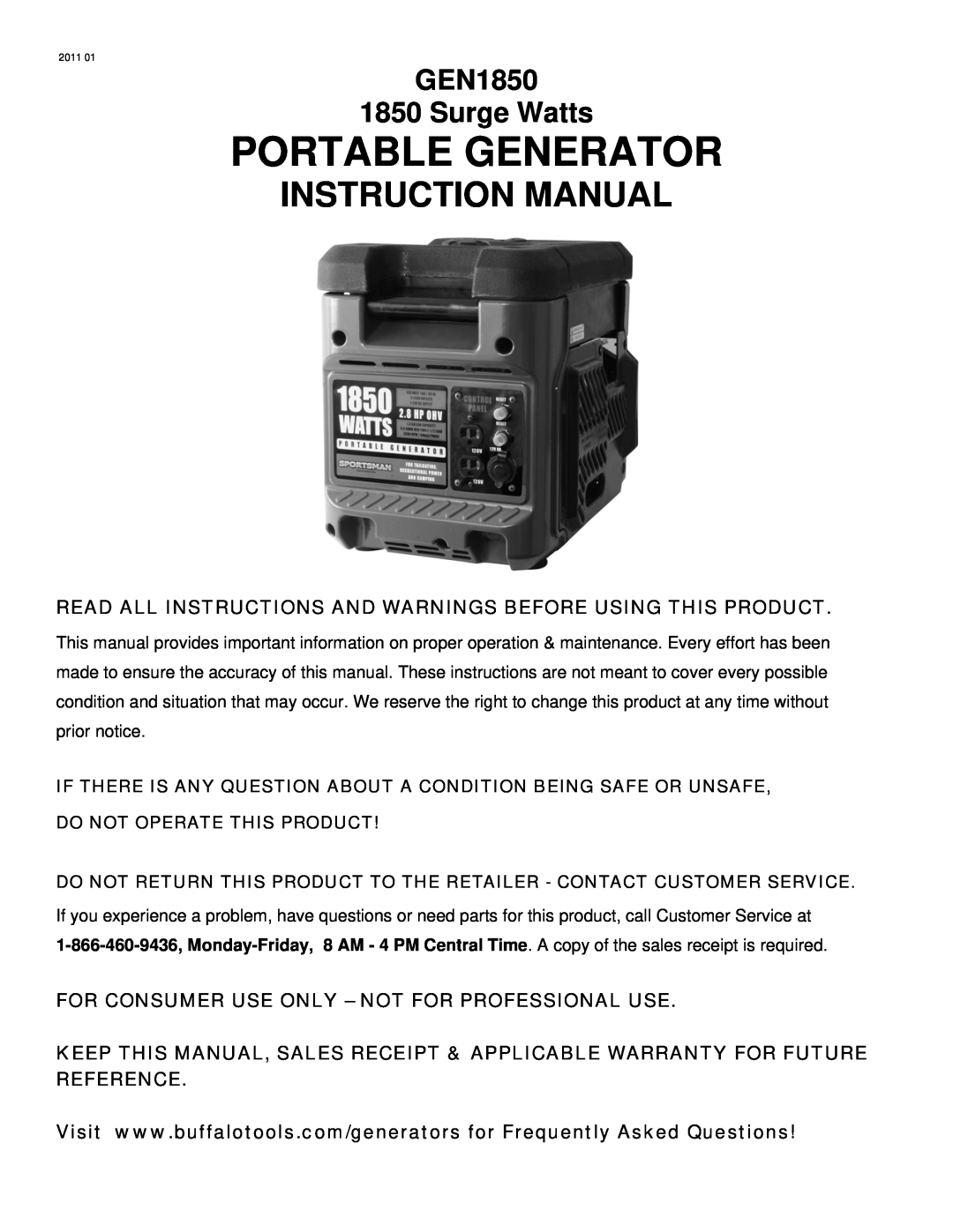 Buffalo Tools instruction manual Portable Generator, GEN1850 1850 Surge Watts 