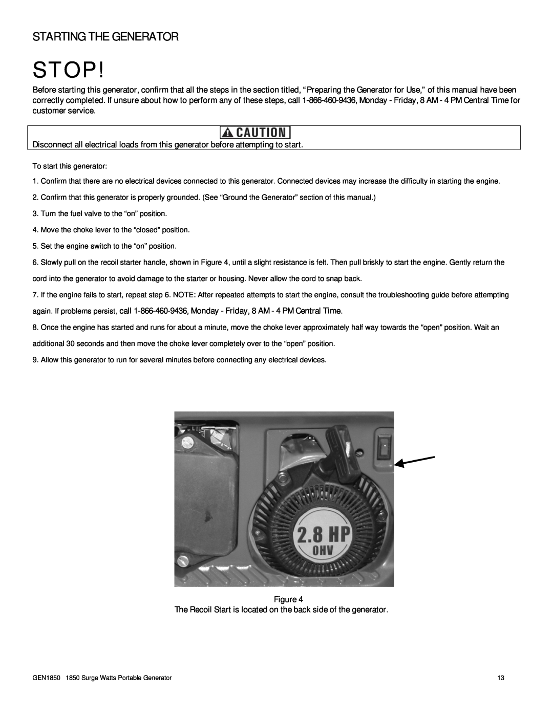 Buffalo Tools GEN1850 instruction manual Starting The Generator, Stop 