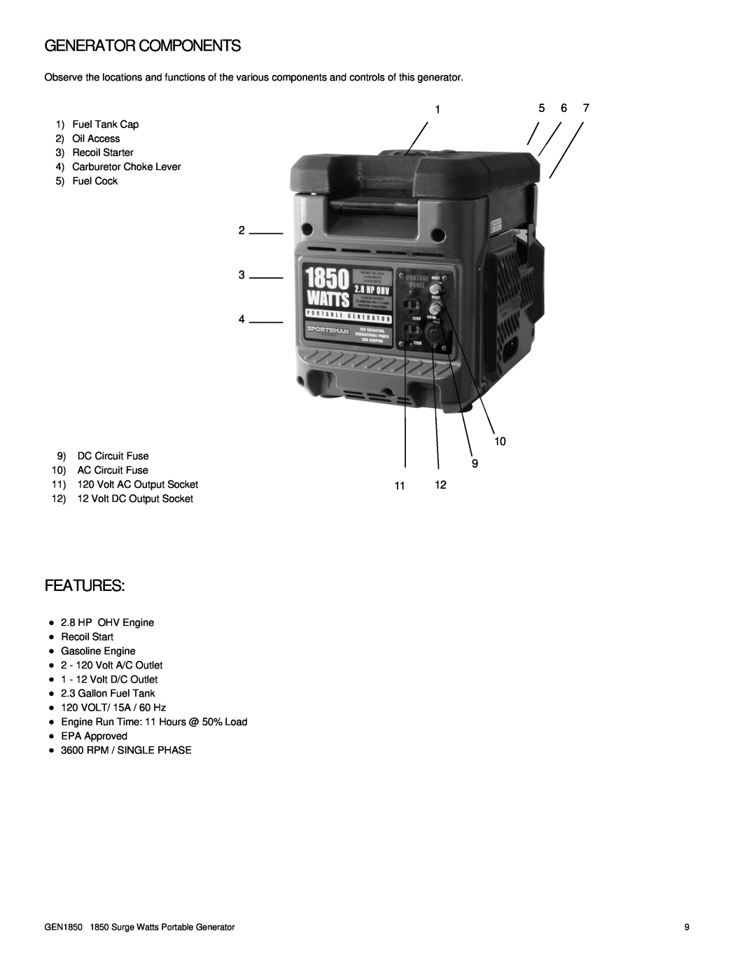 Buffalo Tools GEN1850 instruction manual Generator Components, Features 