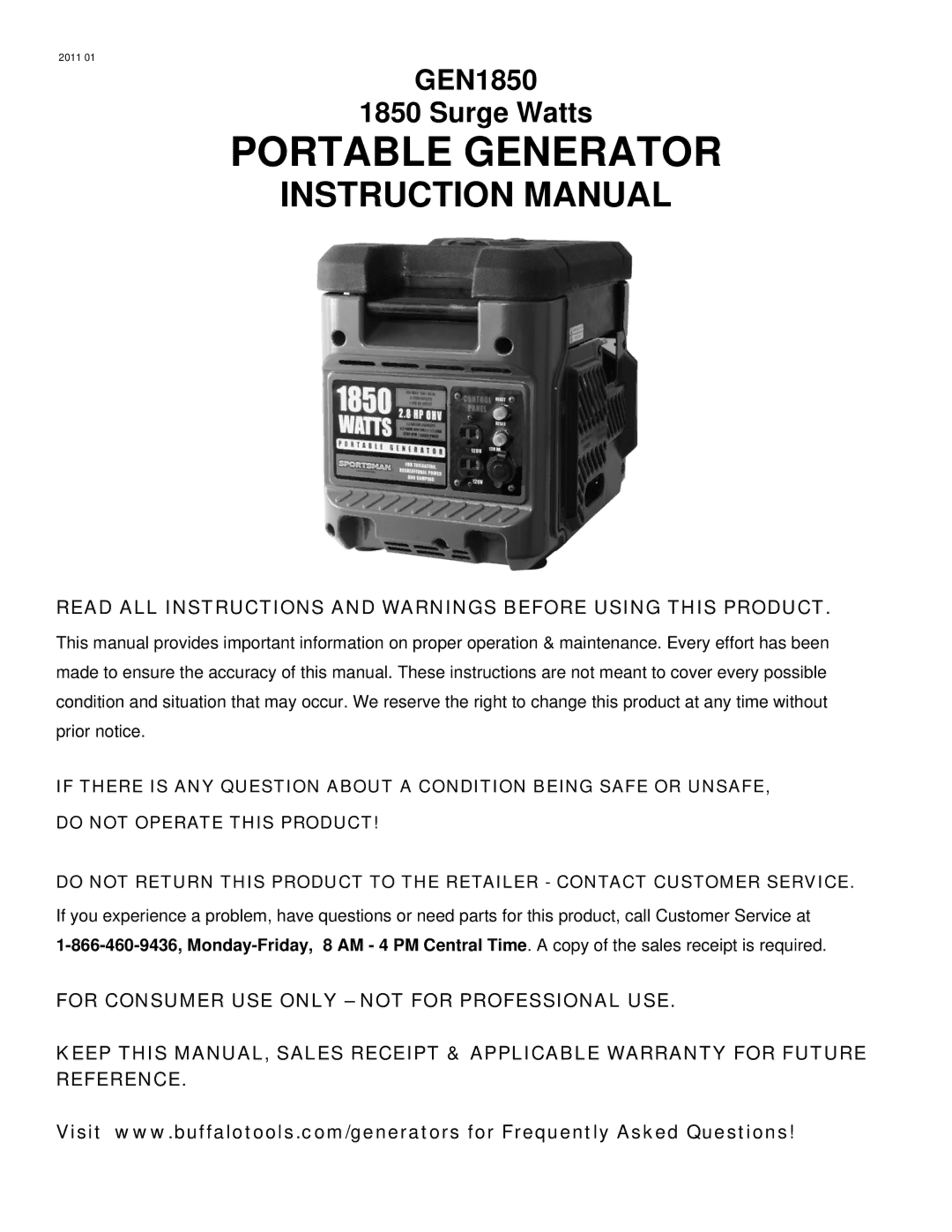 Buffalo Tools GEN1850 instruction manual Portable Generator 