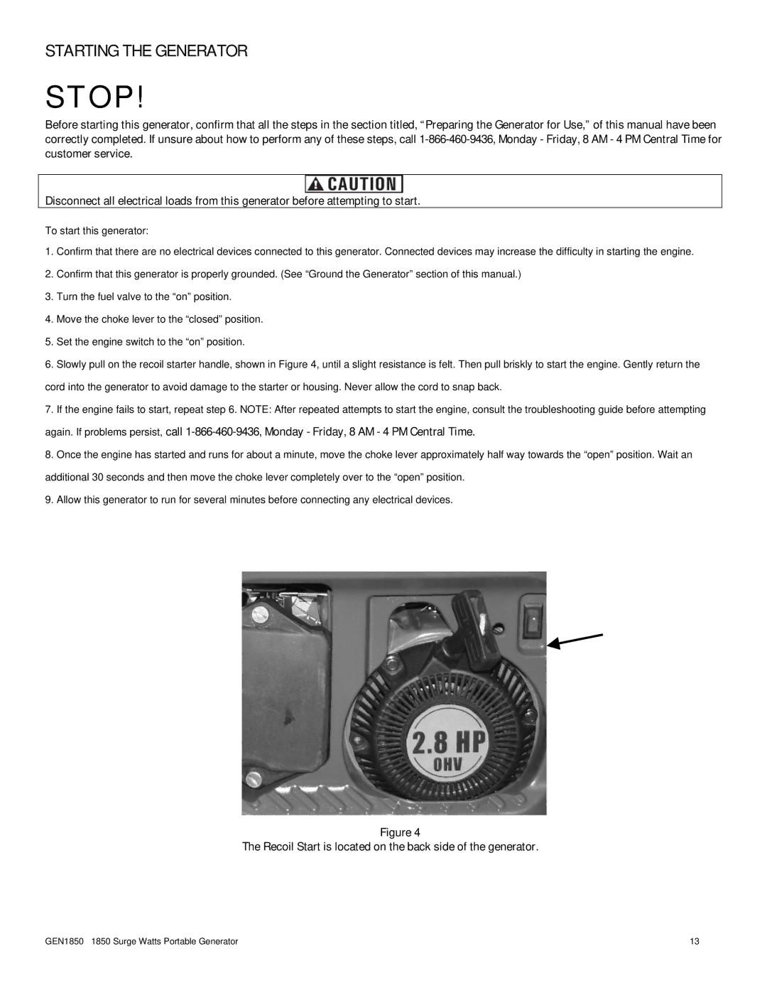 Buffalo Tools GEN1850 instruction manual Starting the Generator 