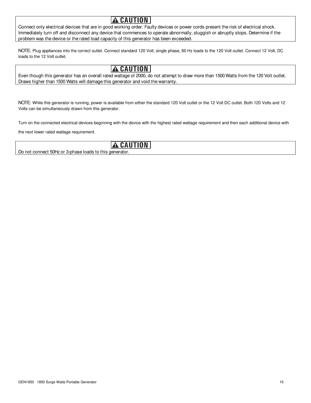 Buffalo Tools GEN1850 instruction manual Do not connect 50Hz or 3-phase loads to this generator 