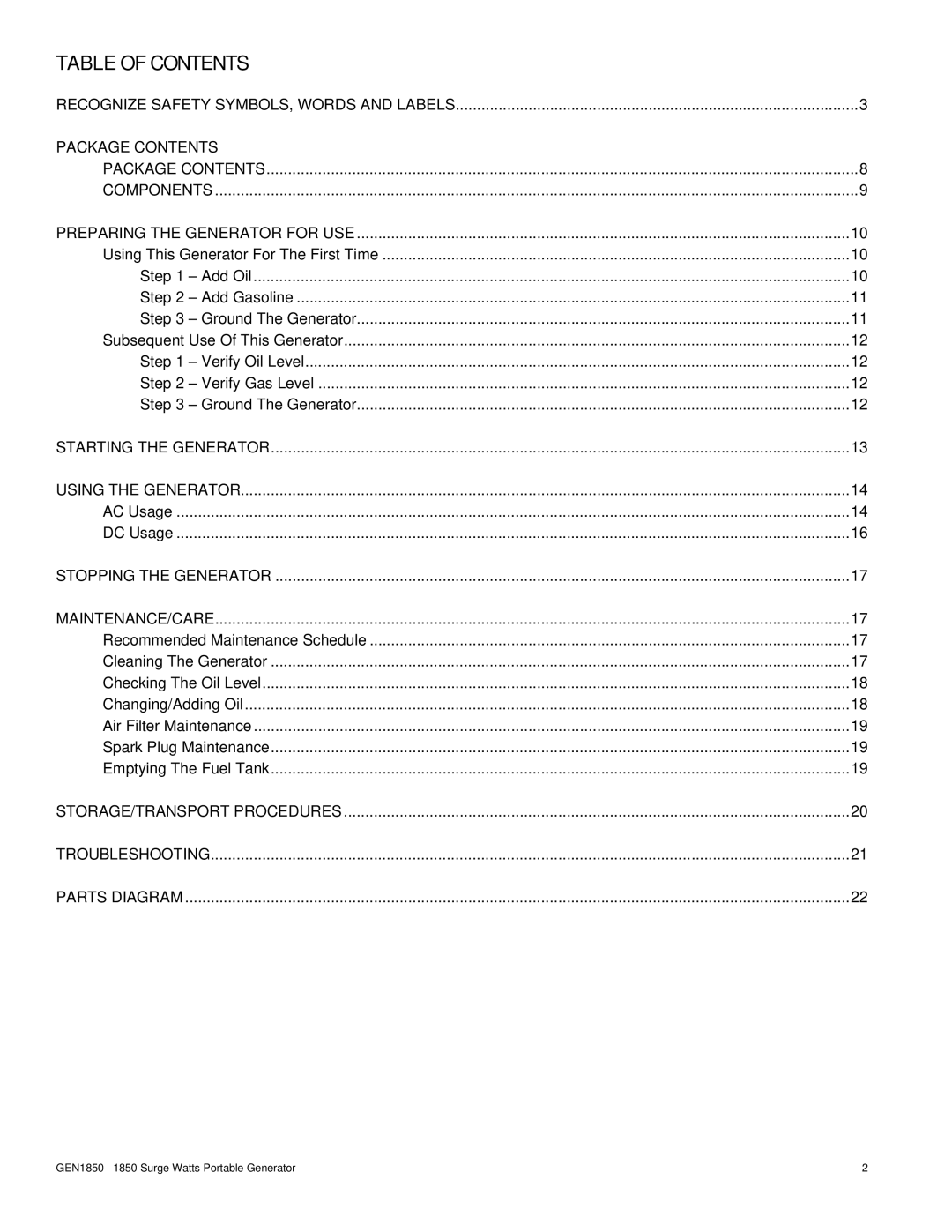 Buffalo Tools GEN1850 instruction manual Table of Contents 