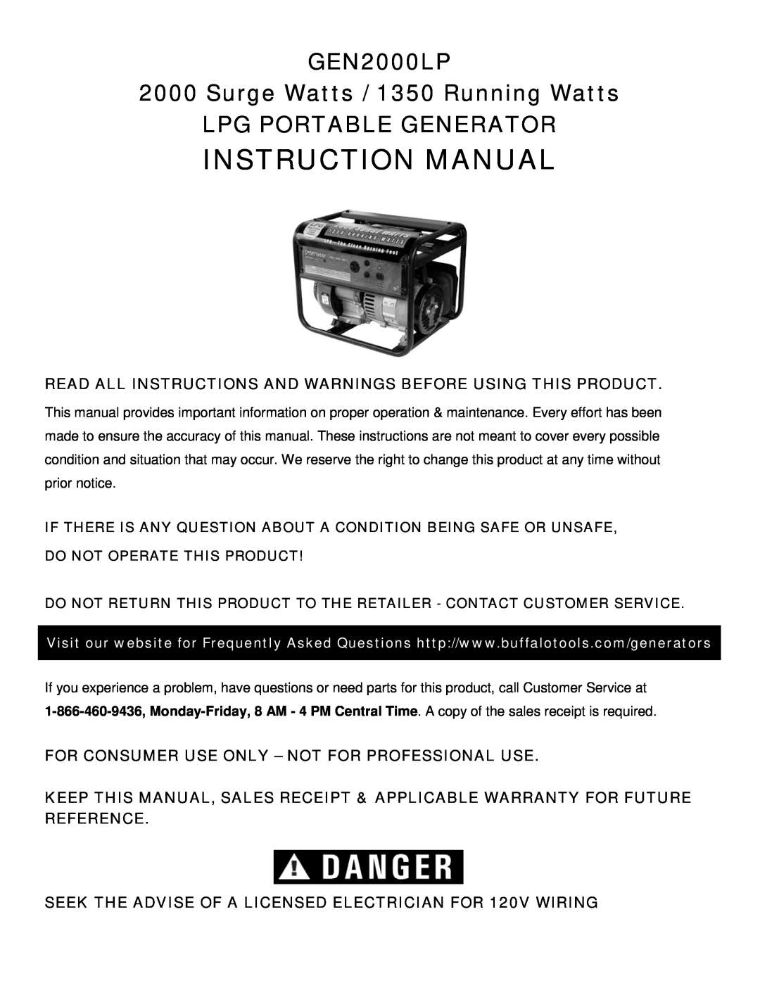 Buffalo Tools instruction manual GEN2000LP 2000 Surge Watts / 1350 Running Watts, Lpg Portable Generator 