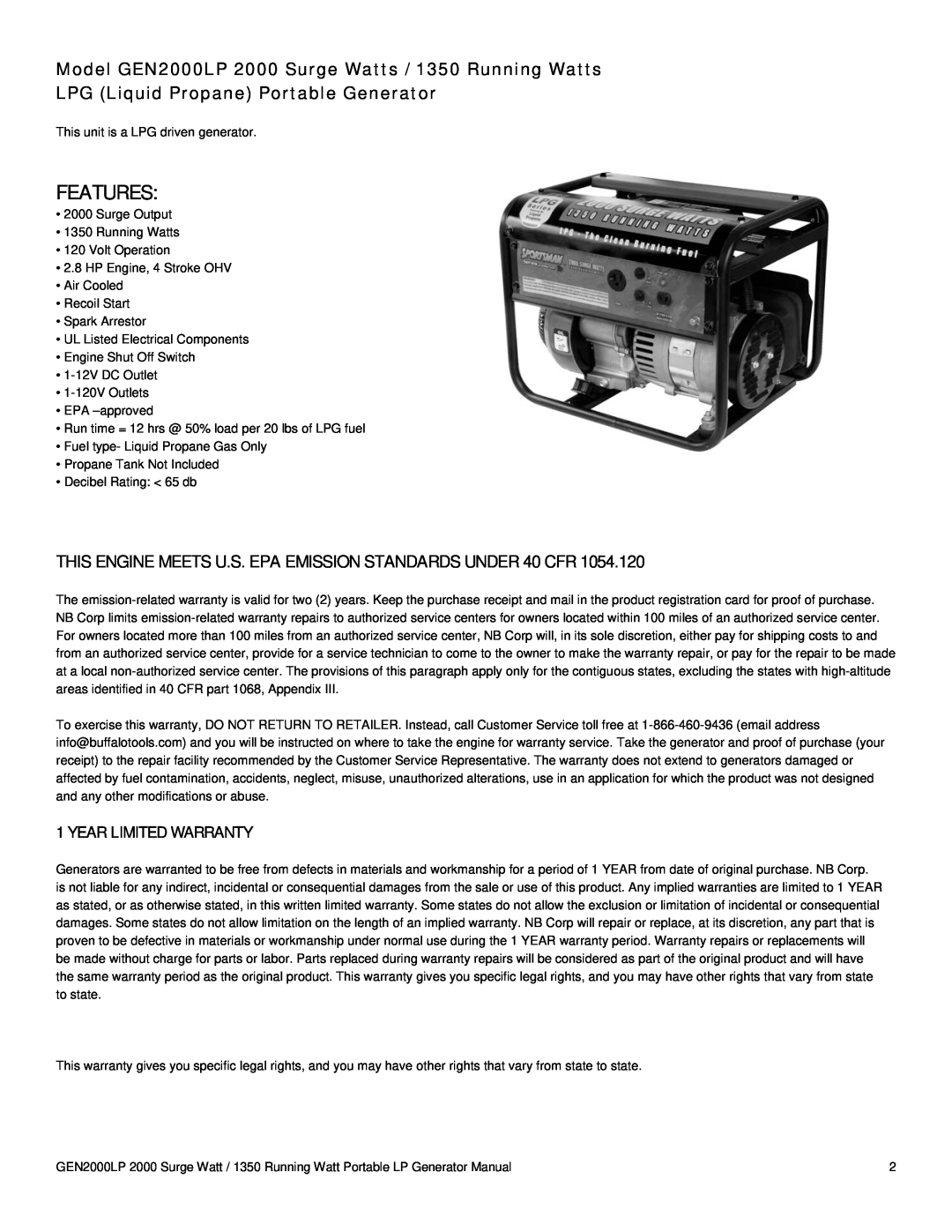 Buffalo Tools GEN2000LP instruction manual Features, LPG Liquid Propane Portable Generator, Year Limited Warranty 