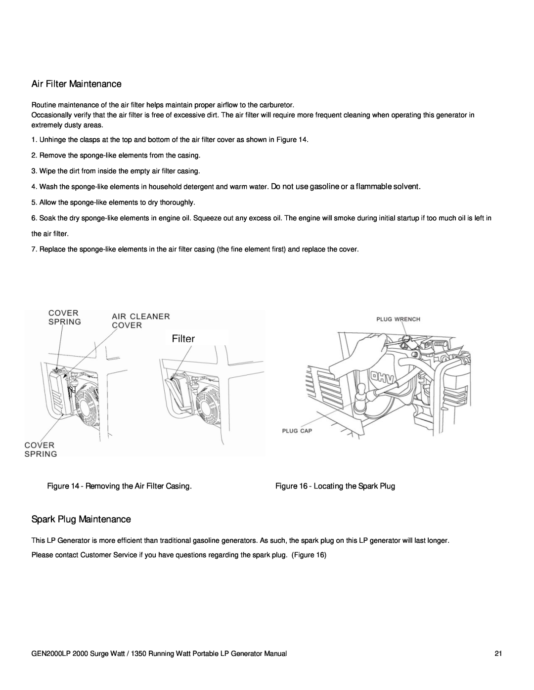 Buffalo Tools GEN2000LP instruction manual Air Filter Maintenance, Spark Plug Maintenance 